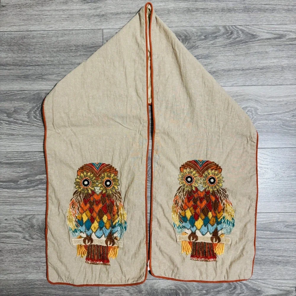 Pier 1 Imports Owl Embroidered Beaded Table Runner 12x67 Beige Orange‎ Boho Fall